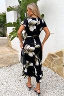 Black And White Floral Print Frill Hem Wrap Midi Dress