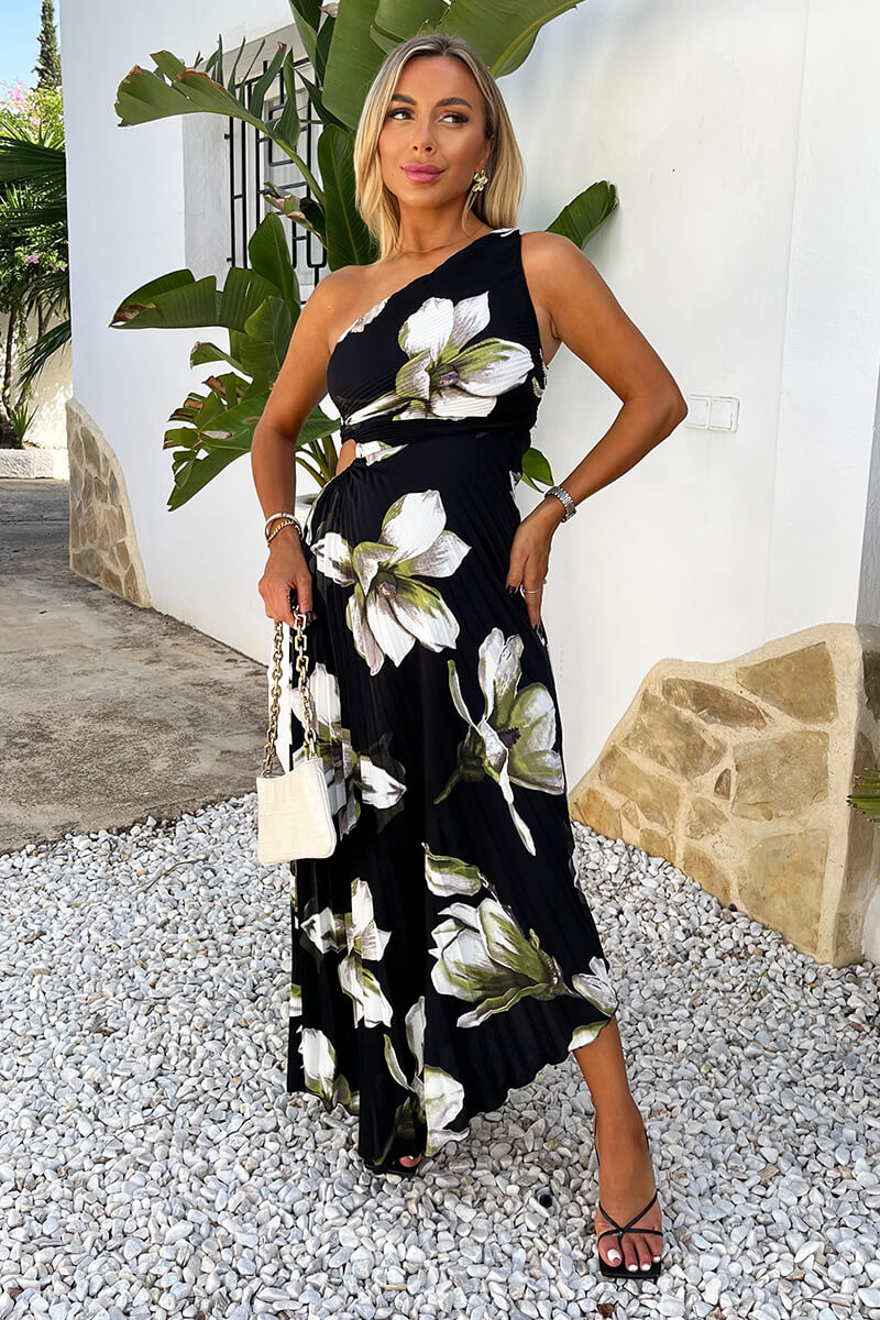 Black And White Floral Print One Shoulder Cut Out Pleated Midi Dress