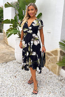 Black And White Floral Print Frill Hem Wrap Midi Dress