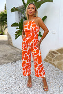 Orange Giraffe Print Strappy Racer Neck Jumpsuit