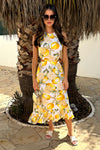 Yellow Lemon Print Waist Cut Out Frill Hem Midi Dress