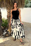 Black And Cream Abstract Print 2 in 1 Ruched Side Tie Straps Midi Dress