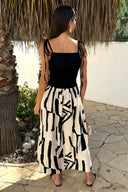 Black And Cream Abstract Print 2 in 1 Ruched Side Tie Straps Midi Dress