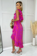 Hot Pink Printed One Shoulder Frill Detail Dipped Hem Dress