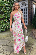 Cream and Pink Floral Print One Shoulder Pleated Satin Midi Dress