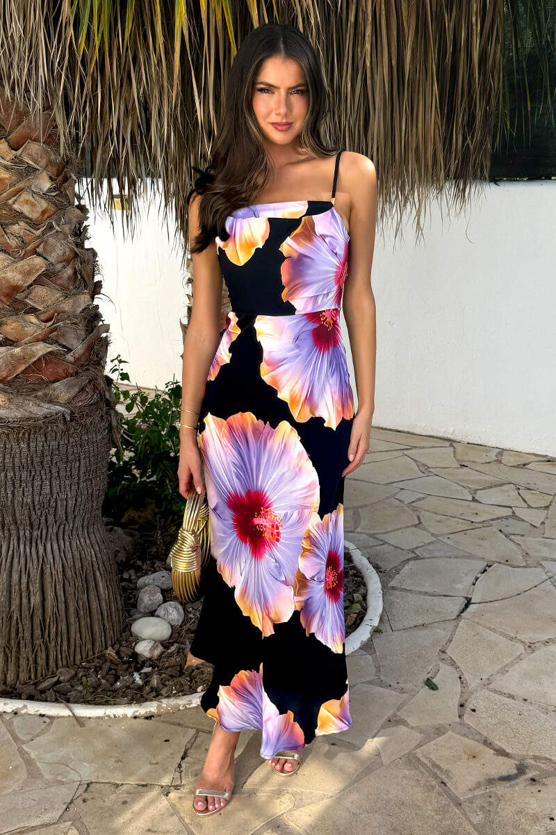 Black And Lilac Floral Print Strappy Slip Midi Dress