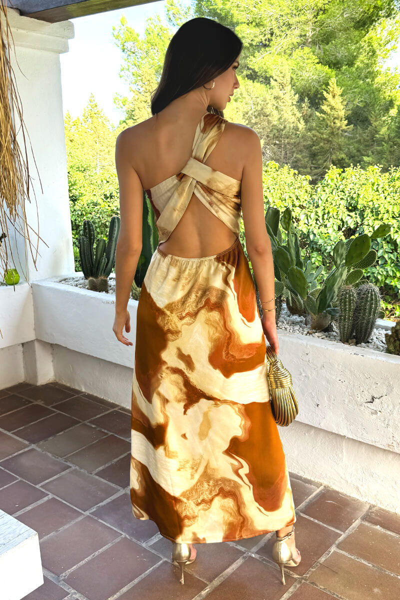 Brown And Stone Marble Print One Shoulder Open Back Twist Detail Midi Dress