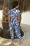 Navy And Cream Abstract Print V-Neck Short Sleeve Belted Elasticated Cuff Jumpsuit