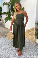 Khaki Drawstring Tie Straps Ruched Top Midi Dress