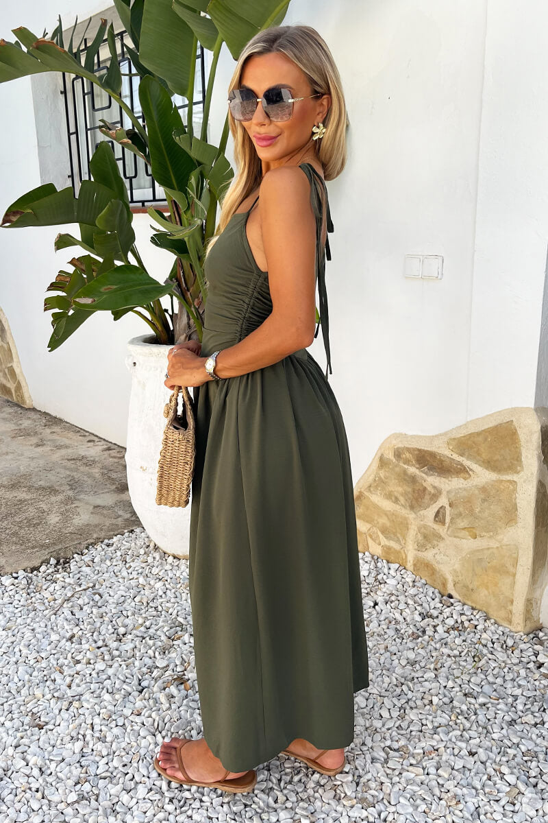 Khaki Drawstring Tie Straps Ruched Top Midi Dress