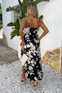 Black And White Floral Print Strappy High Low Frill Hem Midi Dress