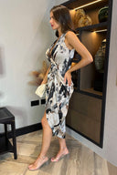 Multi Marble Print Wrap Top Gathered Skirt Midi Dress