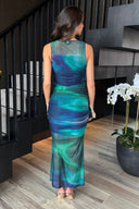 Green And Blue Tie Dye Print Mesh Overlay Bodycon Midi Dress