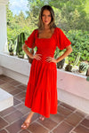 Burnt Orange Puff Sleeve Shirred Waist Smock Midi Dress