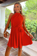 Burnt Orange Halterneck Tie Waist Skater Mini Dress