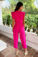 Cerise Wrap Top Flutter Sleeve Belted Jumpsuit