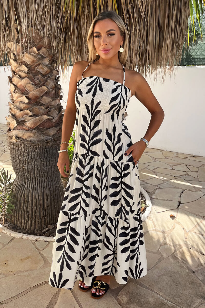 Black And White Leaf Print Tie Neck Shirred Top Smock Midi Dress