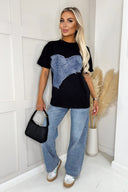 Black Graphic Blue Denim Print T-Shirt