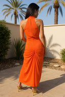 Burnt Orange Halter Neck Knot Skirt Midi Dress