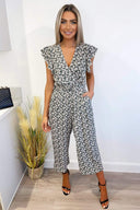 Black Daisy Print Wrap Jumpsuit