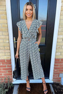 Black Daisy Print Wrap Jumpsuit