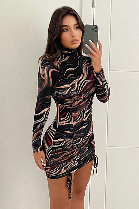 Black Marble Printed Long Sleeve Dress