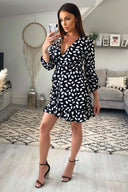 Black Printed Long Sleeved Wrap Dress