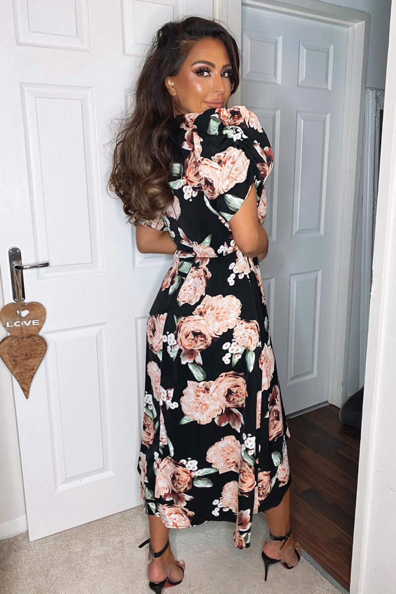 Black Rose Printed Wrap Midi Dress