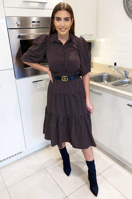 Black Square Printed Button Up Swing Dress