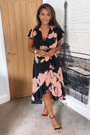 Black and Blush Floral Print Wrap Midi Dress