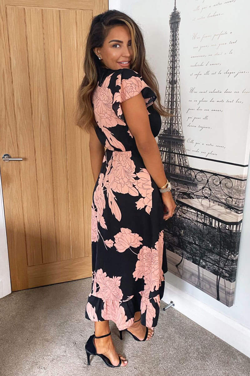 Black and Blush Floral Print Wrap Midi Dress