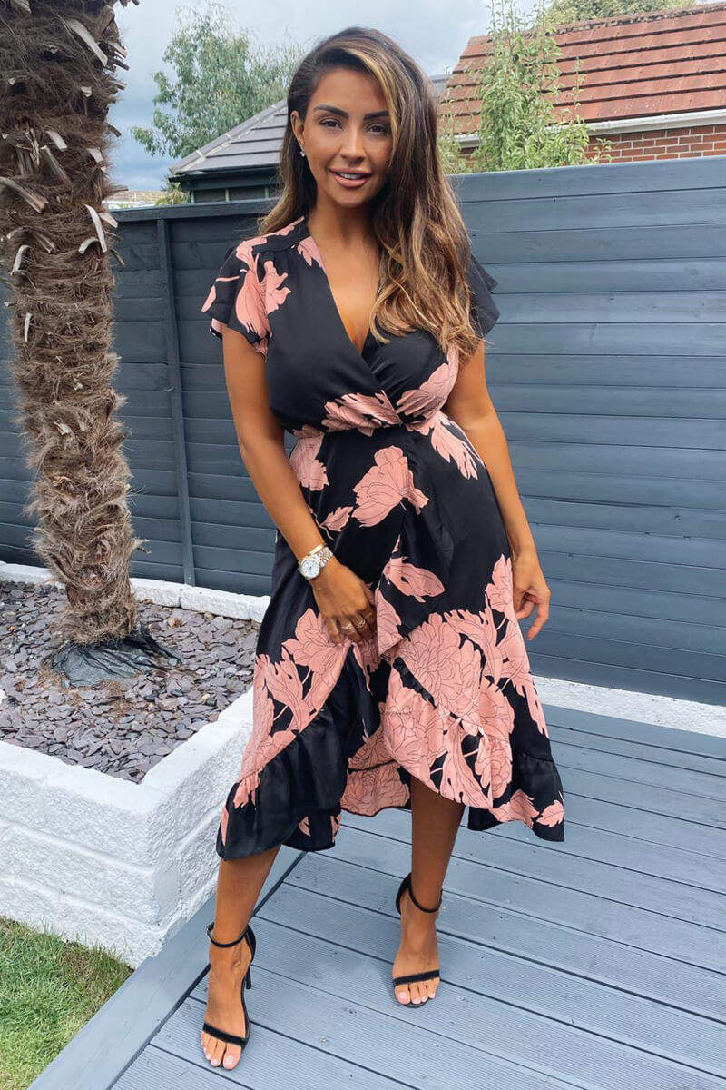 Black and Blush Floral Print Wrap Midi Dress