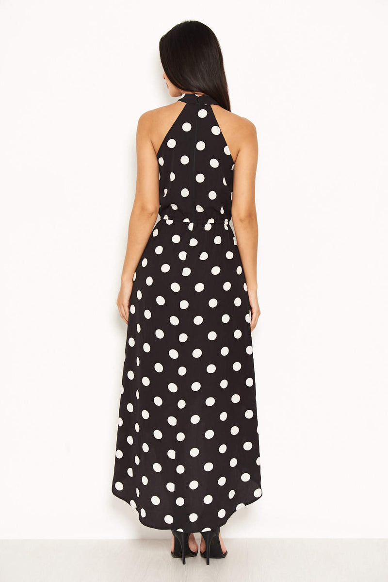 Black Polka Dot High Neck Wrap Dress