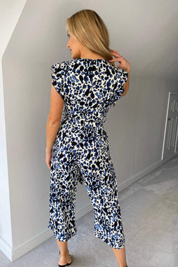 Blue Printed Belted Wrap Jumpsuit