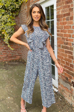 Blue Printed Frill Front Jumpsuit