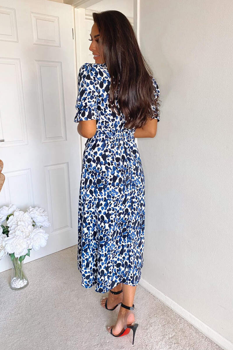 Blue Printed Wrap Tie Midi Dress