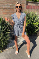 Blue Printed Wrap Tie Waist Playsuit