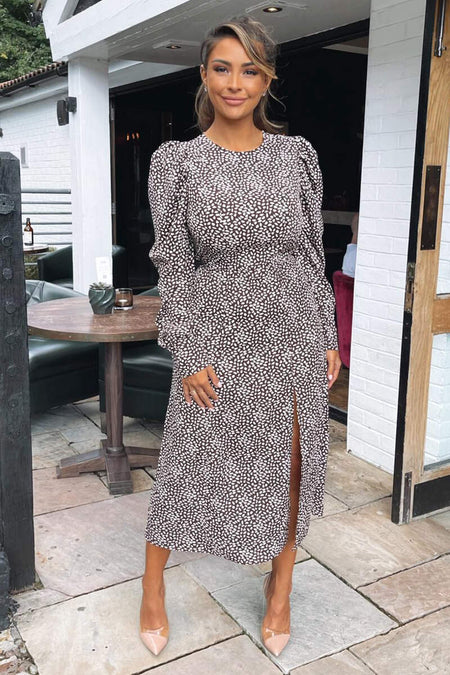 Brown Printed Long Sleeve Split Leg Midi Dress