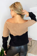 Camel And Black Knit Off Shoulder Jumper