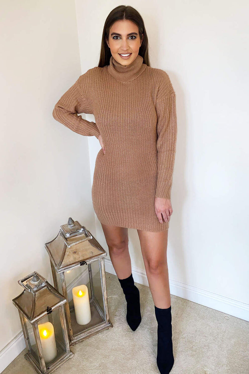 Camel Roll Neck Knit Jumper Dress