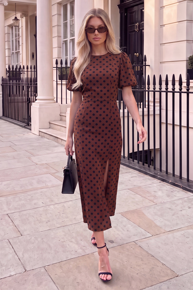 Chocolate-And-Black-Polka-Dot-Puff-Sleeve-Midi-Dress-2.jpg