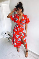 Red Floral Print Bell Sleeve Midi Dress