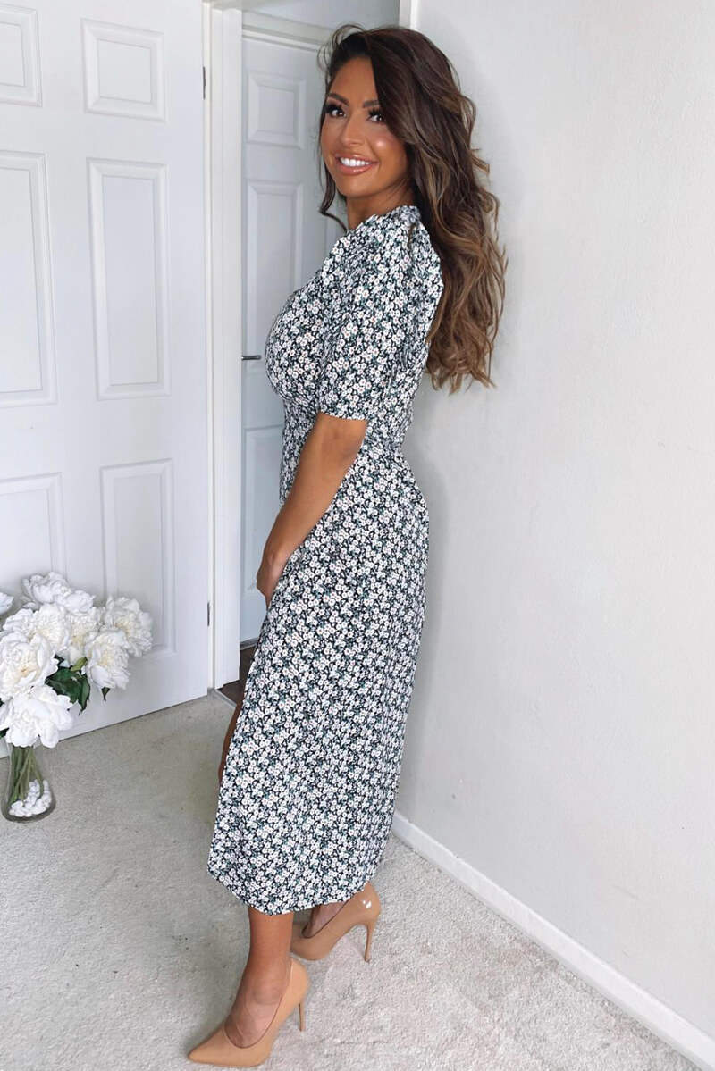 Cream Daisy Print Pleat Sleeve Midi Dress