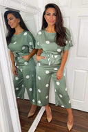 Green Dot Print Tie Waist Jumpsuit