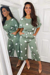 Green Dot Print Tie Waist Jumpsuit