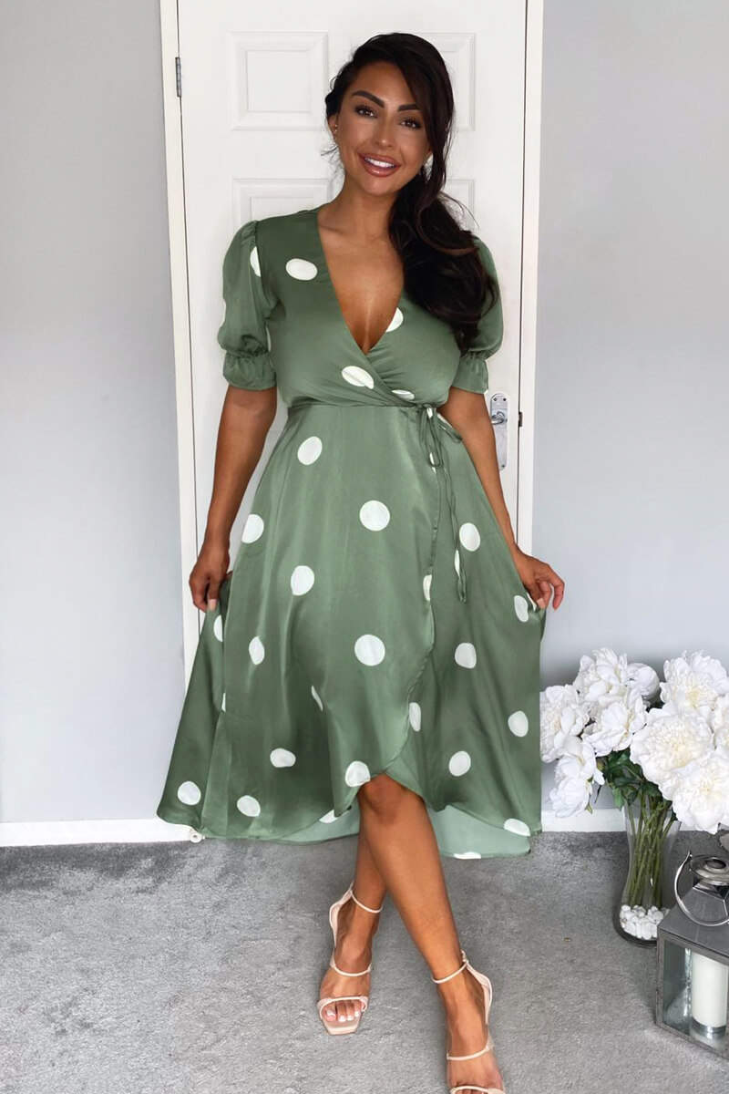 Green Dot Print Wrap Over Midi Dress