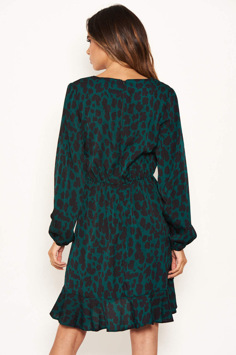 Green Leopard Print Long Sleeve Wrap Dress