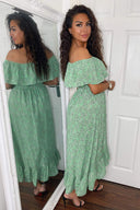 Green Printed Bardot Style Midi Dress