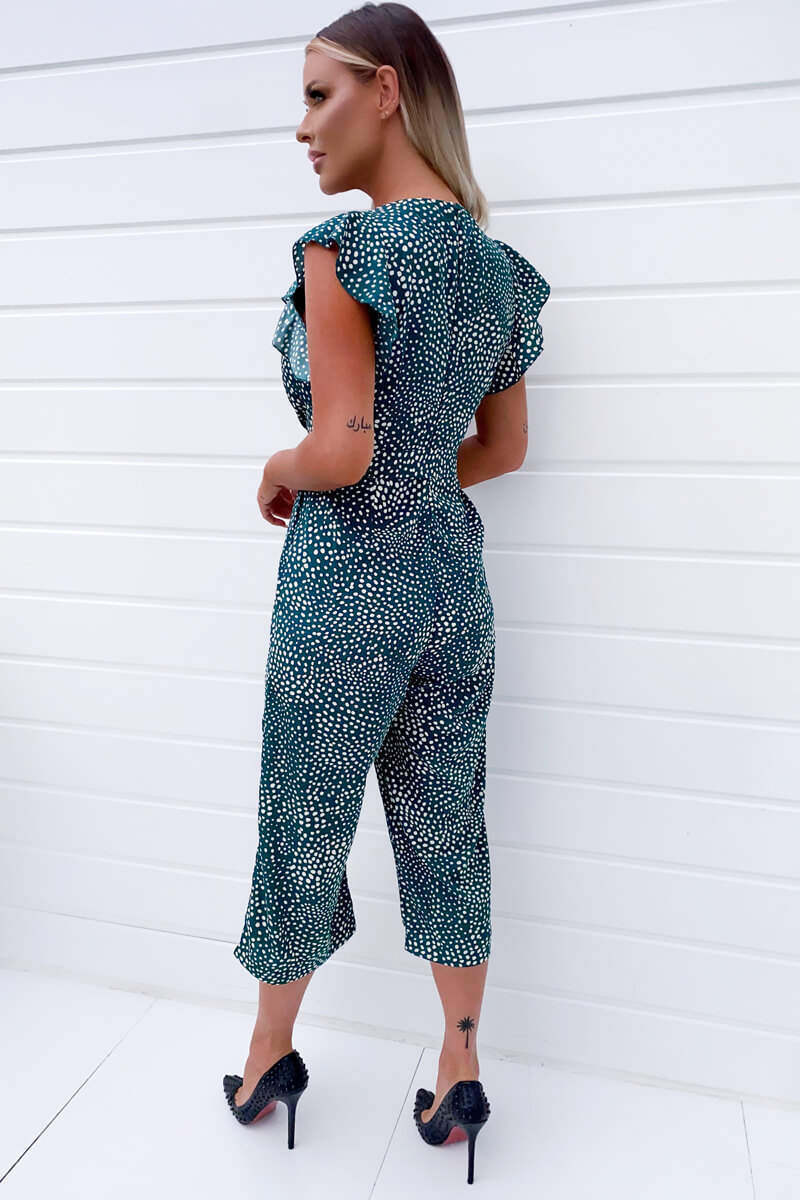 Green Spotted Belted Wrap Jumpsuit