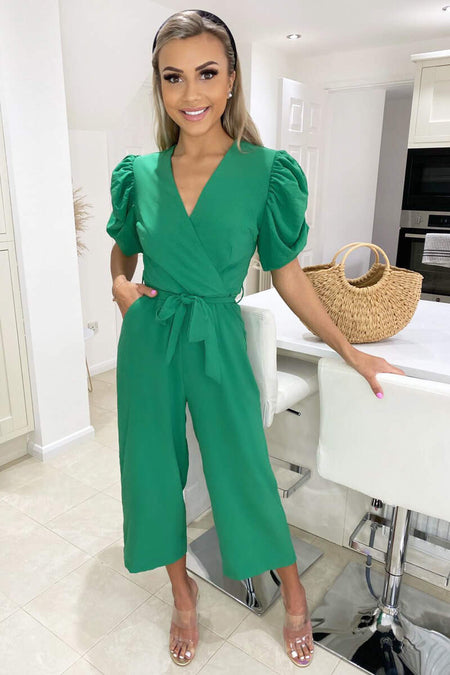 Green Wrap Over Tie Waist Jumpsuit
